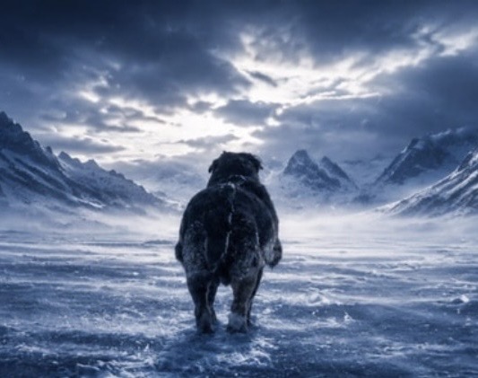 A lone dog walking through a stormy, icy mountain pass